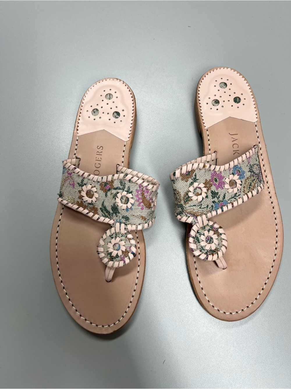 Jack Rogers Pink Leather Floral Embroidered Thong Sandals